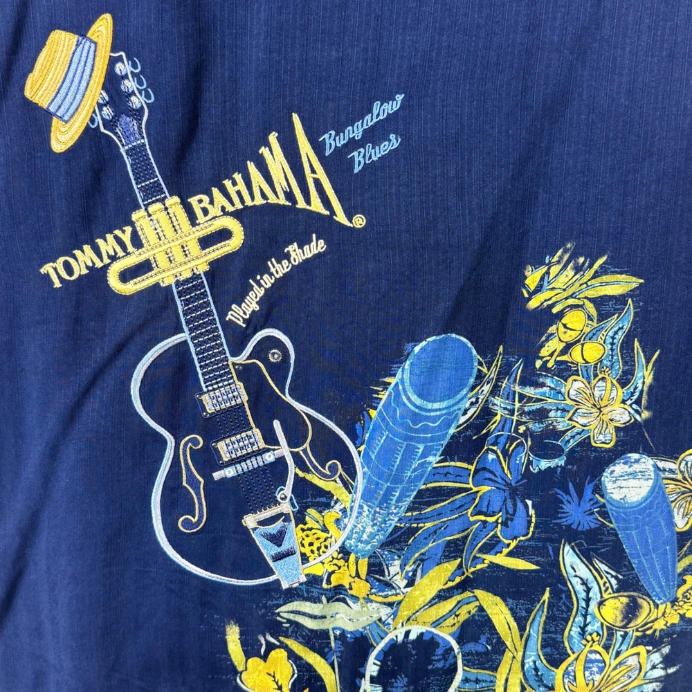 Tommy Bahama Bungalow Blues Silk Camp Shirt Men XL Navy Blue Played In The Shade